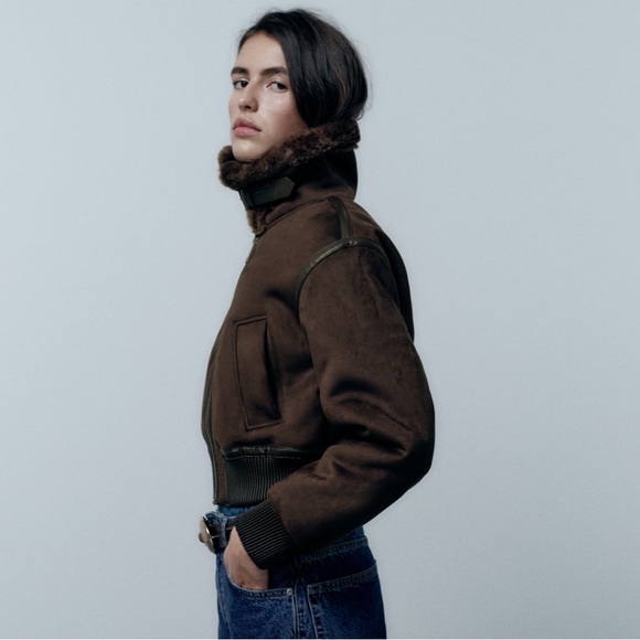 Zara double faced jacket aviator bomber coat faux fur suede brown XS 6318/239 - Picture 10 of 16